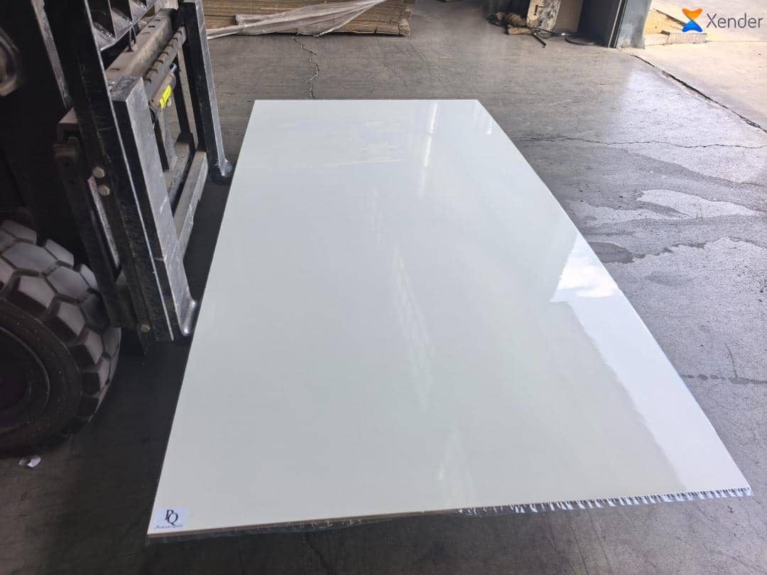 Mirror-finish gloss white board on a forklift